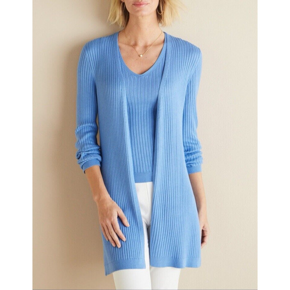 Soft‎ Surroundings Essential Ribbed Long Cardigan Blue Bonnet Size PL Open Front - Picture 1 of 9